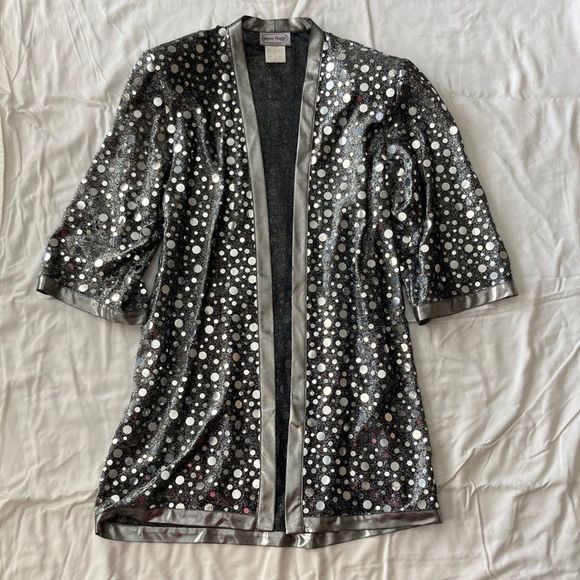 Vintage 1980s 1990s Glitzy Silver Pullover Long Duster Cardigan Disco Top Small - Picture 1 of 12